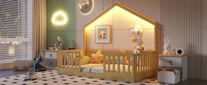 English Elm Twin Montessori Floor Bed House Frame with Led Lighting and Safety Rails for Kids W2593P440601