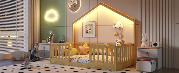 English Elm Twin Montessori Floor Bed House Frame with Led Lighting and Safety Rails for Kids W2593P440601