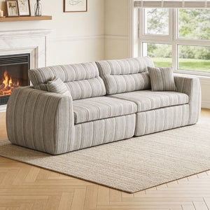 English Elm Chenille Stripe Velvet Sofa Three Seat Minimalist Upholstered Couch for Living Room Soft White,Taupe W5532S00014