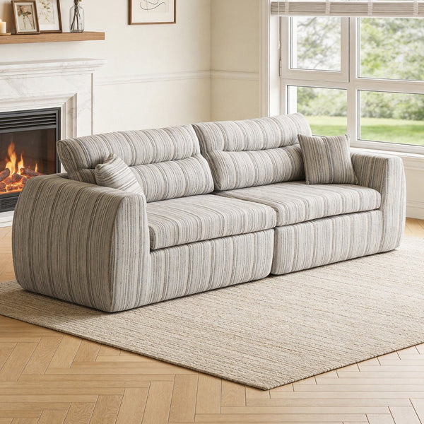 English Elm Chenille Stripe Velvet Sofa Three Seat Minimalist Upholstered Couch for Living Room Soft White,Taupe W5532S00014