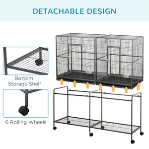 English Elm Pawhut Spacious Double Compartment Rolling Metal Bird Cage with Perch and Storage Shelf W2225P173759