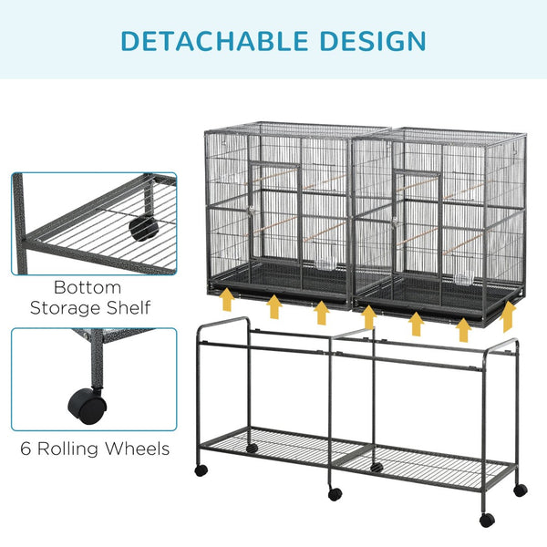 English Elm Pawhut Spacious Double Compartment Rolling Metal Bird Cage with Perch and Storage Shelf W2225P173759