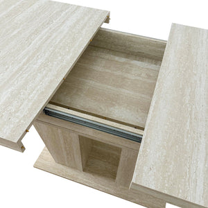 English Elm Rectangular extendable dining table with veined travertine top, beige MDF, sturdy wide feet, 6-10 seats W1347S00018