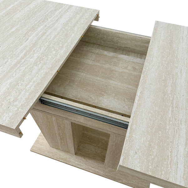 English Elm Rectangular extendable dining table with veined travertine top, beige MDF, sturdy wide feet, 6-10 seats W1347S00018