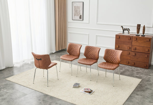 English Elm Dark Oil Waxed Faux Leather Dining Chair Set with Diamond Tufted High Back Metal Legs Brown W3493P444745
