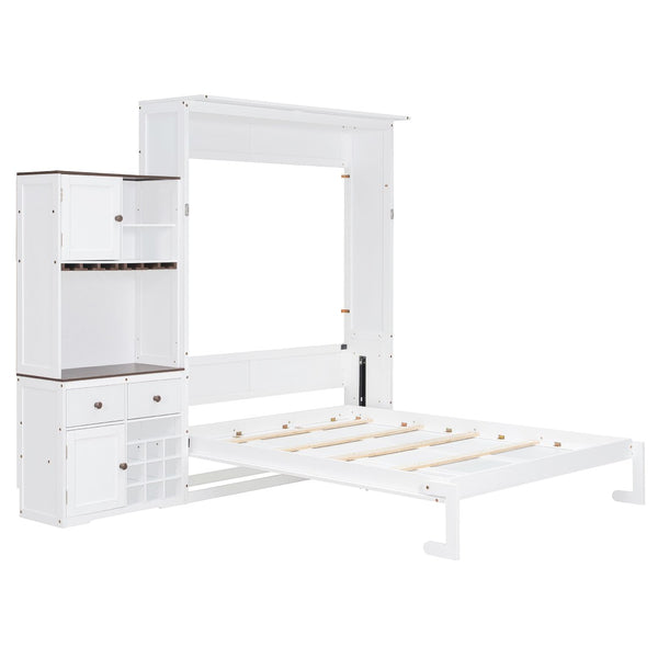 English Elm Queen Murphy Bed with Wine Rack Glass Holder Led Lighting and Cabinet White White LP000391AAK