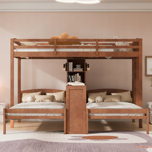 English Elm Twin Triple Bunk Bed with Built in Desk Open Shelving and Led Task Lighting Natural N7090002243N
