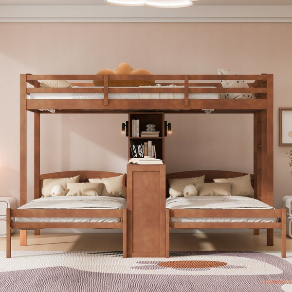 English Elm Twin Triple Bunk Bed with Built in Desk Open Shelving and Led Task Lighting Natural N7090002243N