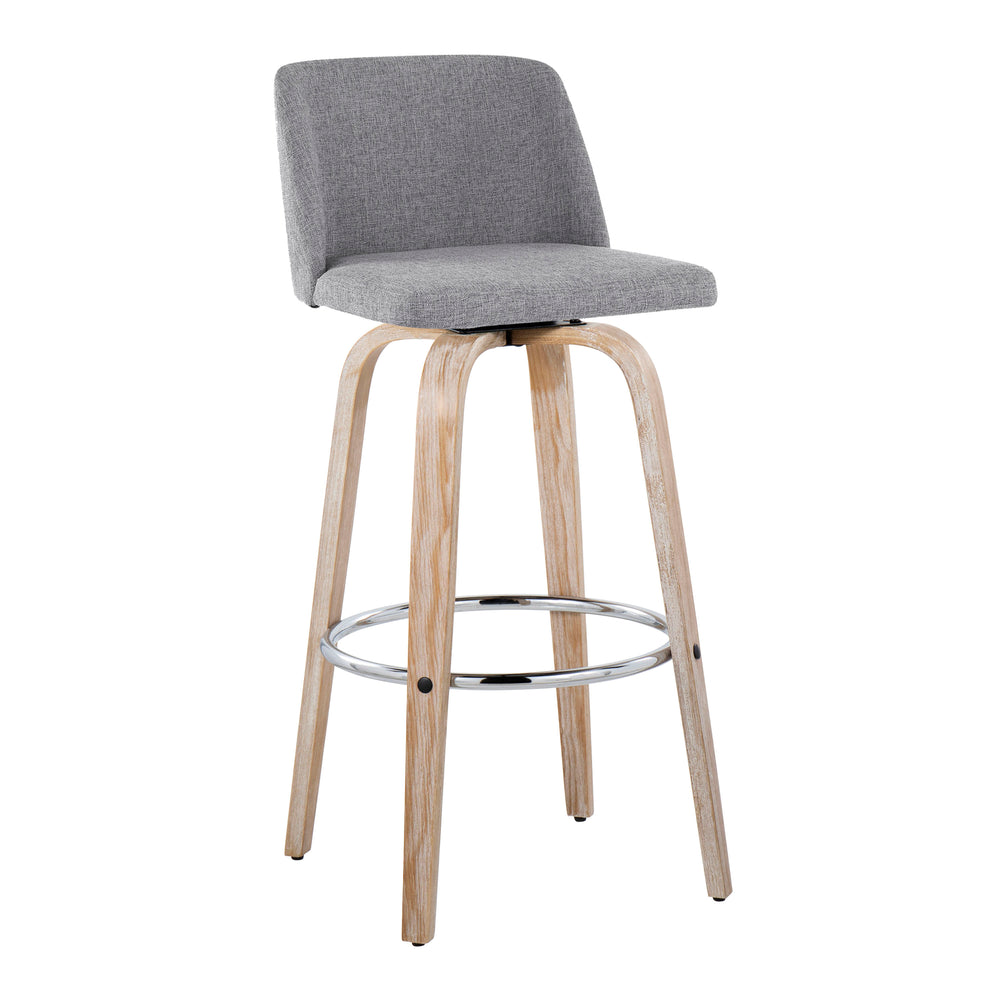 English Elm Toriano 30" Contemporary Swivel Barstools Set of 2 in Grey Fabric with Whitewashed Wood Legs & Chrome Footrest B202S00679