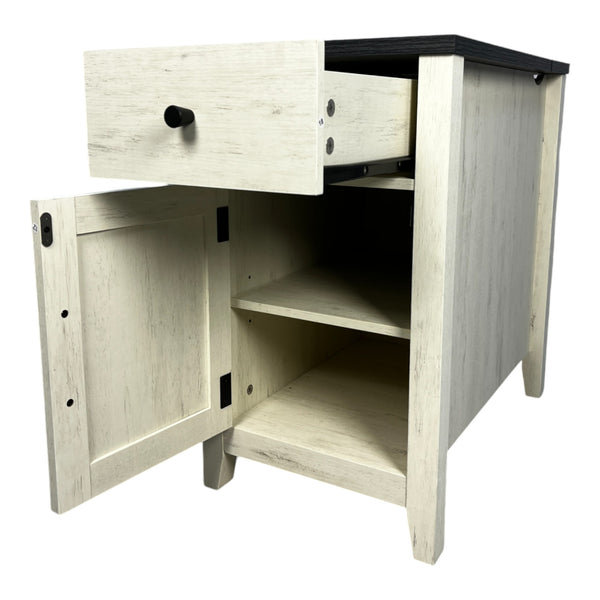 English Elm Farmhouse Nightstand with Charging Station and Barn Door Drawer — USB-C, AC Outlets, Compact Storage White+Black W1412P230408