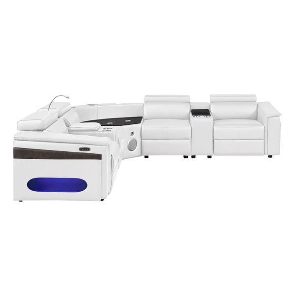 English Elm Nova Tech Sectional with Led Bar Bluetooth Speakers Power Recliners and Freezer Console White B009S02171