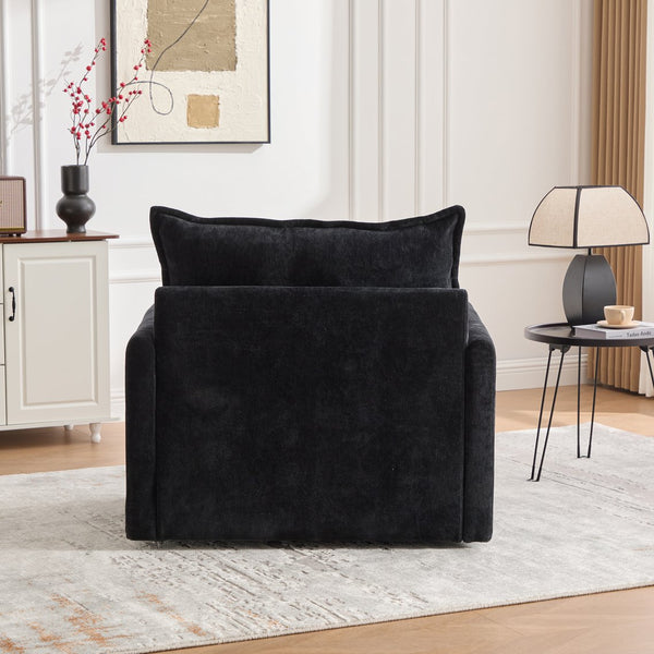 English Elm UNITED Swivel Barrel Chair with Chenille Upholstery, 360° Smooth Rotation, Padded Arm Comfort and Side Pockets for Living Room Relaxation Black W1568P290088