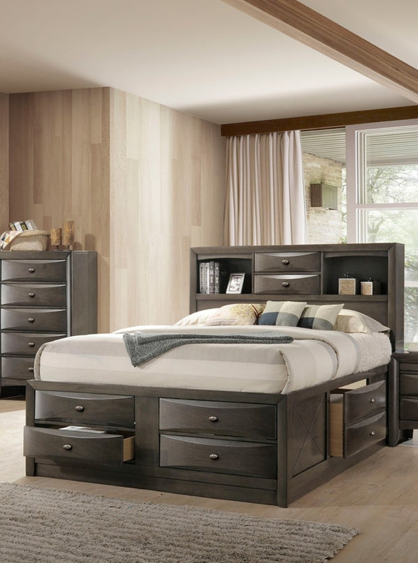 English Elm Contemporary Full Bedroom Set with Bookcase Headboard Storage Drawers and Two Nightstands B2741S00566