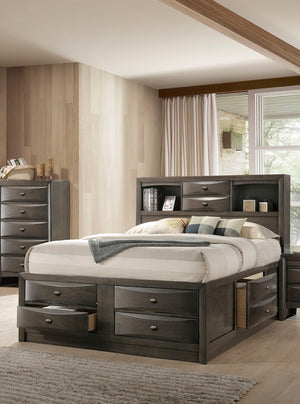 English Elm Contemporary Eastern King Size Bed With Headboard Bookcase & Storage Drawers In Elegant Gray Finish B2741S00564