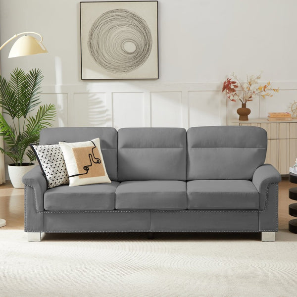 English Elm 82" Chesterfield Snowfleece Upholstered 3-seat Sofa Nailhead Trim Plush Living Room Gray W1359P386032