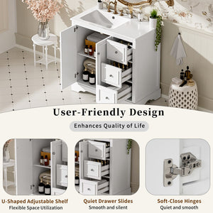 English Elm 36'' Transitional Bathroom Vanity with Ceramic Sink, Solid Wood Frame, Adjustable U-Shelf & Soft-Close Doors White N729P292966K
