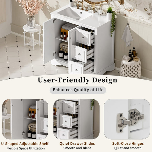 English Elm 36'' Transitional Bathroom Vanity with Ceramic Sink, Solid Wood Frame, Adjustable U-Shelf & Soft-Close Doors White N729P292966K