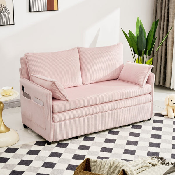 English Elm 55"convertible Corduroy Sofa Bed with Usb Port and Side Pockets for Small Apartments Pink W3373P405039