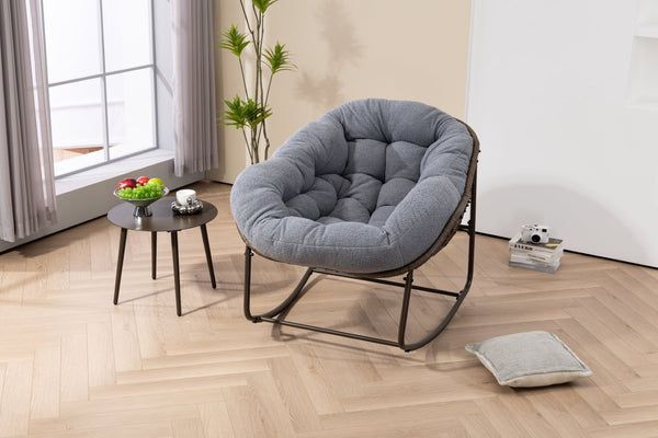 English Elm Outdoor Woven Rattan Egg Rocking Chair with Padded Cushion for Patio Porch Resort Lounge Dark Grey W640P499473