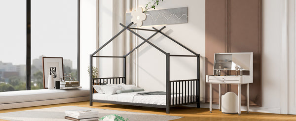 English Elm Twin Metal House Platform Bed with Slat Kit for Kids Sleepovers Sturdy Frame Elegant Silhouette 63.8"H Black MF322835AAB