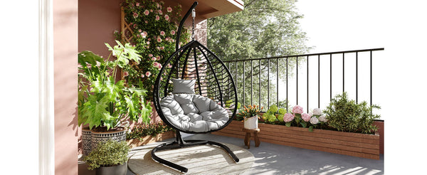 English Elm U_style Wicker Hanging Egg Chair with Stand Foldable Indoor Outdoor Swing Seat Black+ Gray N711P389502E