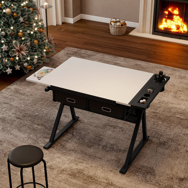 English Elm adjustable drafting table with tilting MDF top, 2 large fabric drawers, adjustable height stool included White W347P392769