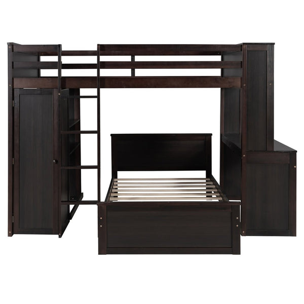 English Elm Full Twin Loft Bed with Desk Wardrobe Shelves Pine Wood Frame Kids Bedroom Espresso LT000821AAP-1