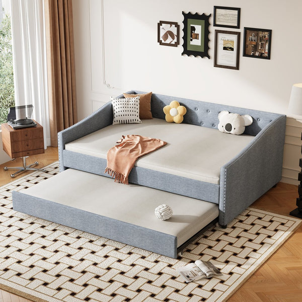 English Elm Full Size Daybed With Twin Trundle - Stylish Upholstered Sofa Bed In Light Grey With Nailhead Trim W2336S00036