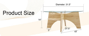 English Elm Round Tempered Glass Coffee Table with Fan Pedestal Base for Modern Living Rooms Natural Wood,Transparent W1151P256001