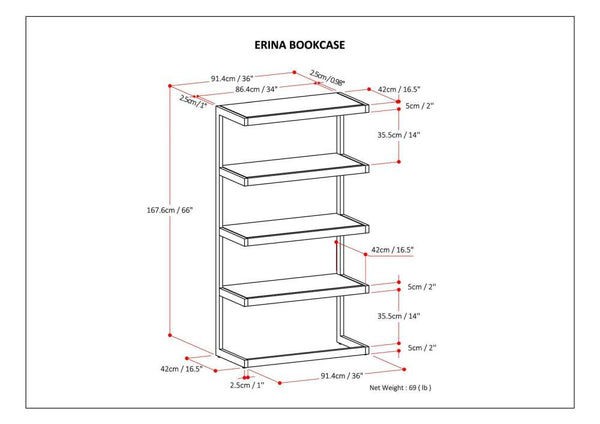 English Elm Erina Solid Acacia Bookcase with Distressed Charcoal Finish, 4 Open Shelves & Industrial Metal Frame Light Brown B136P158621