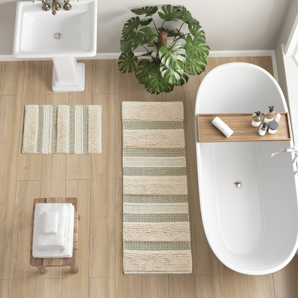 JLA Home INK+IVY - Bath Rug Hand-Woven Shaggy Taupe Geo Stripe Rug with Non-Skid Backing, Machine Washable Boho Chic Sage Green II72-1356
