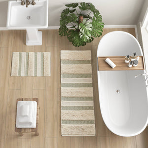JLA Home INK+IVY - Bath Rug Hand-Woven Shaggy Taupe Geo Stripe Rug with Non-Skid Backing, Machine Washable Boho Chic Sage Green II72-1356