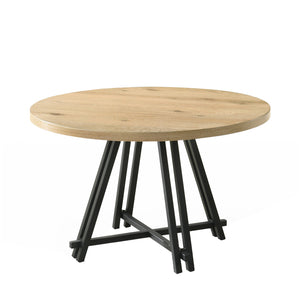 English Elm 47"W Rustic Round Dining Table with Distressed Oak Top & Industrial Metal Base for Entertaining B016S00039