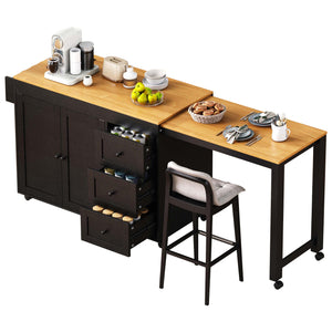 English Elm K&K 43.3" Kitchen Island with 27.6" Extendable Dining Table, Power Outlet, 7 Wheels, Ample Storage Black N707P303401B