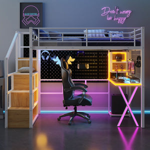 English Elm Twin Metal Loft Bed with Desk, Wardrobe & LED Lighting — Space-Saving Twin Loft with Storage Staircase GX000662AAK