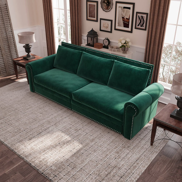 English Elm Chesterfield Sofa, 93.7" Velvet 3-In-1 Convertible Sleeper Bed With Nailhead Trim & Pillows, Green W1885S00099