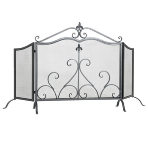 English Elm Onyx 3-panel Forged Iron Fireplace Screen with Fleur-de-lis Scrollwork Matte Black N775P386819B