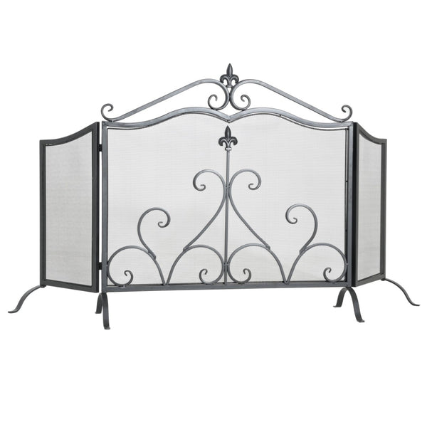 English Elm Onyx 3-panel Forged Iron Fireplace Screen with Fleur-de-lis Scrollwork Matte Black N775P386819B