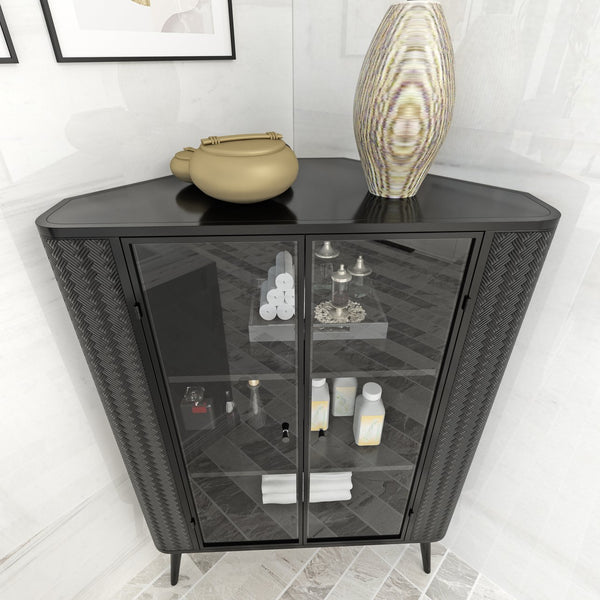 English Elm Modern 3-Tier Corner Storage Cabinet Antique Black Steel with Tempered Glass Doors, Space-Saving Organizer W3122P272936