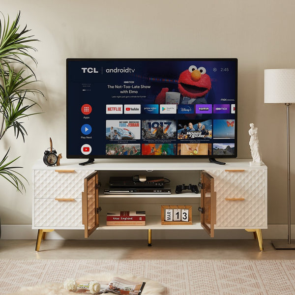 English Elm Deluxe Sculpted Geometric TV Cabinet with Tempered Glass Doors, 4 Drawers, Adjustable Metal Feet, Modern Chic Design White W1162P294819