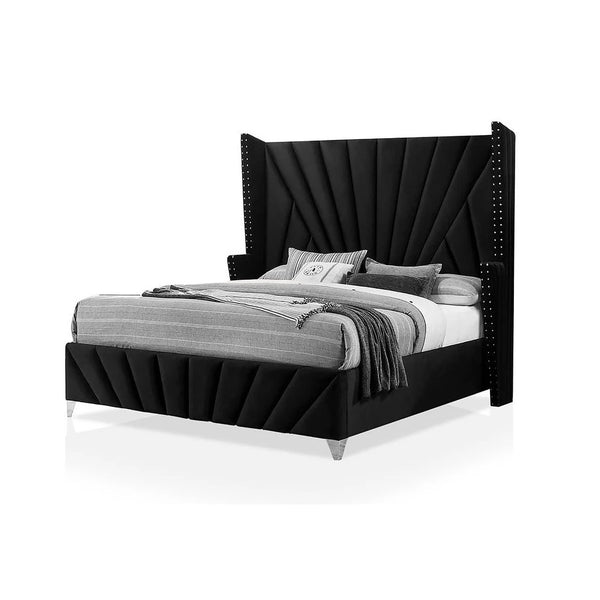 English Elm Bedroom Wooden Queen Bed with High Panel Headboard, Gold Trim Accent, Modern Luxury Design Black 84 L x 40.5 W x 3.3 H B2741S00113