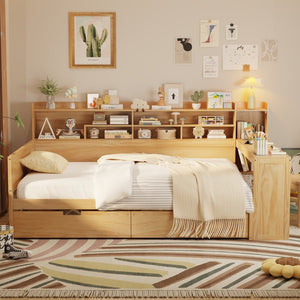English Elm Wooden Twin Daybed with Trundle Built-in Desk and Open Shelves for Kids Rooms Natural N733S373385M