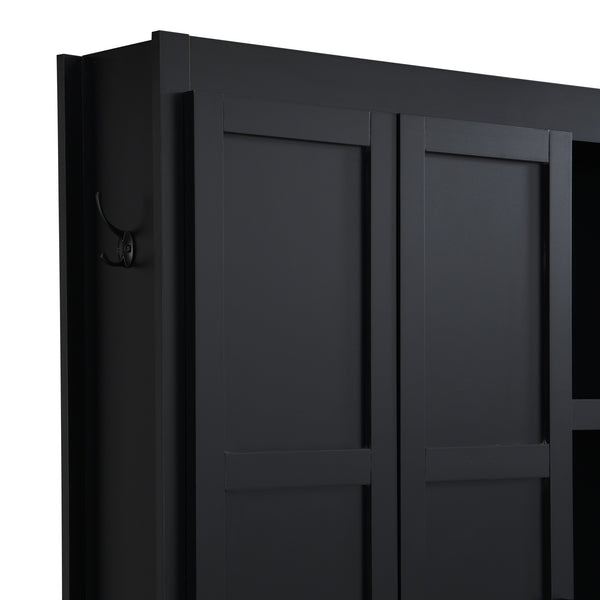 English Elm Hall Tree farmhouse entryway organizer with bench, hooks, cabinets and shoe storage, durable MDF design Black N721P286079B