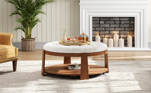 English Elm Modern Round Oversized Ottoman Coffee Table with Button Tufting, Waterproof Linen, Wheels & Lower Wood Shelf for Storage and Seating Ivory White N735P180224K