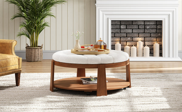 English Elm Modern Round Oversized Ottoman Coffee Table with Button Tufting, Waterproof Linen, Wheels & Lower Wood Shelf for Storage and Seating Ivory White N735P180224K