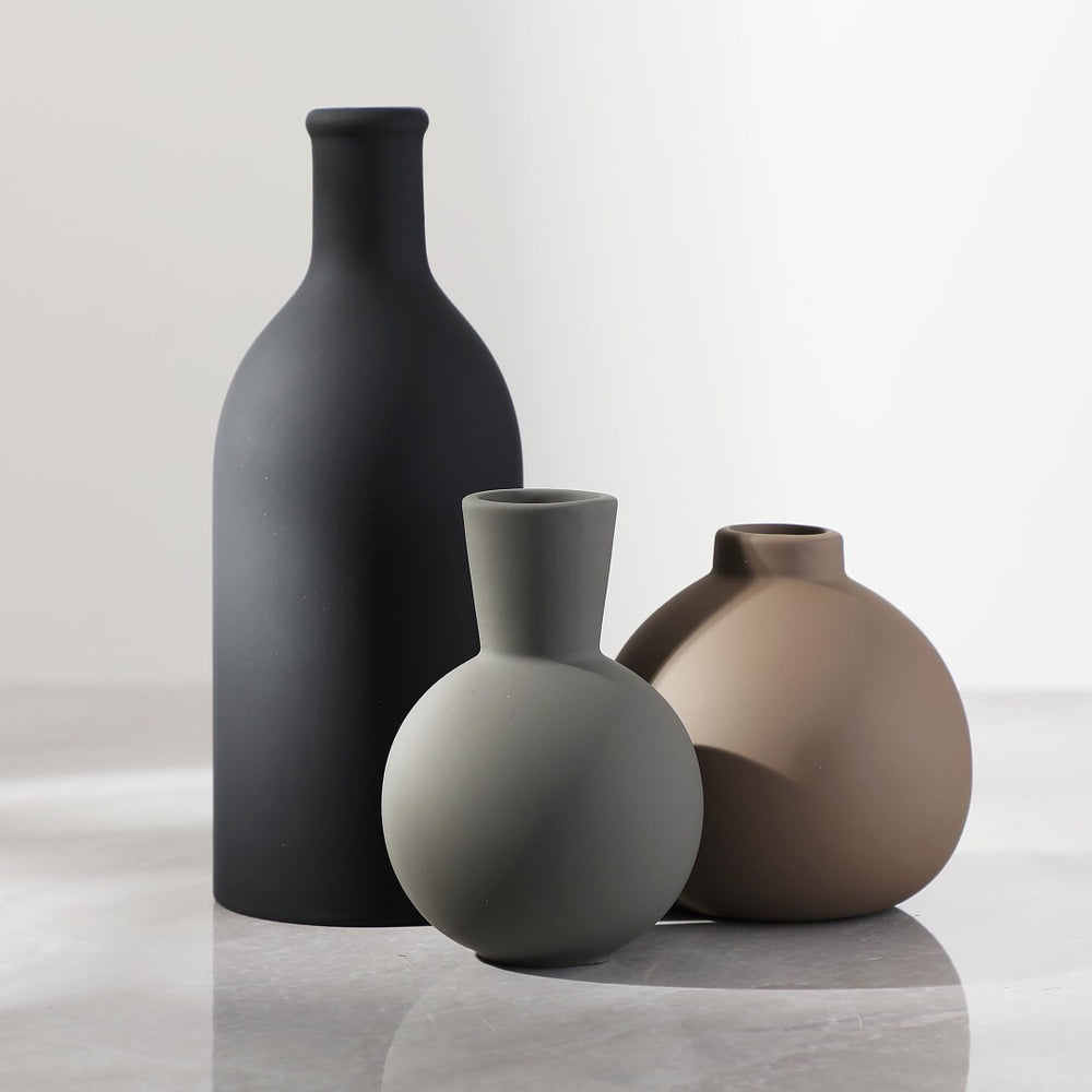 English Elm Rustic Matte Ceramic Vase Trio Neutral Tones Shelf Mantel Farmhouse Boho Decor Black+ Gray W2181P475133