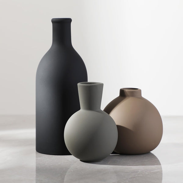 English Elm Rustic Matte Ceramic Vase Trio Neutral Tones Shelf Mantel Farmhouse Boho Decor Black+ Gray W2181P475133