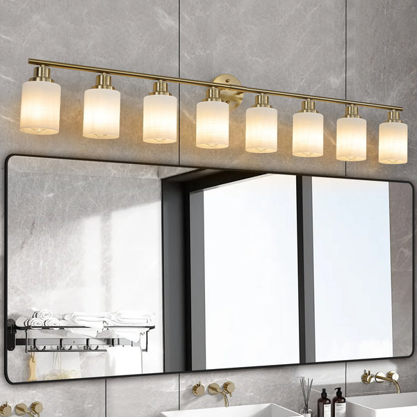 English Elm 52" Modern 8-Light Vanity Wall Sconce - Elegant Golden Finish & Frosted Glass Shades For Stylish Lighting W2312P374816