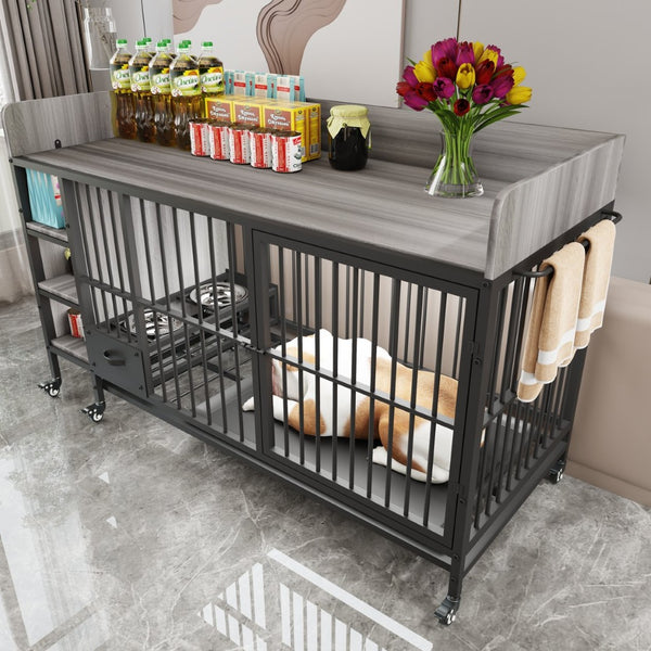 English Elm Large Iron Mdf Pet Enclosure with Storage Cabinet Rolling Casters and Steel Feeding Basins W3064P245385