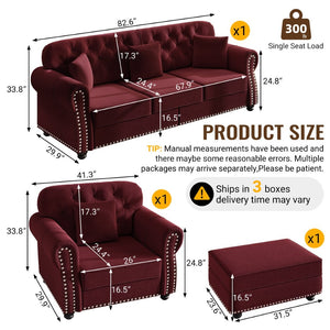 English Elm Upholstered Velvet Chesterfield Sofa with Button Tufting Brass Nailhead and Ottoman Burgundy W1885S00393